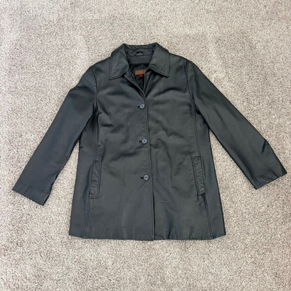 Danier Black Leather Car Coat Jacket Pockets Women's Large Vintage 90s
